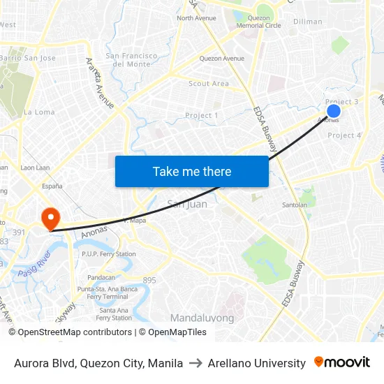 Aurora Blvd, Quezon City, Manila to Arellano University map