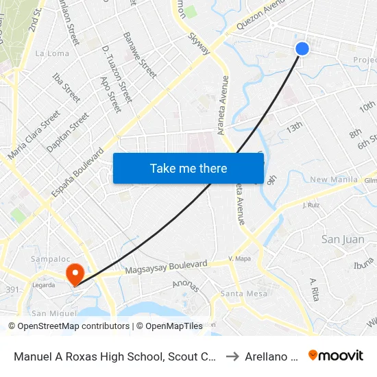 Manuel A Roxas High School, Scout Chuatoco, Quezon City, Manila to Arellano University map
