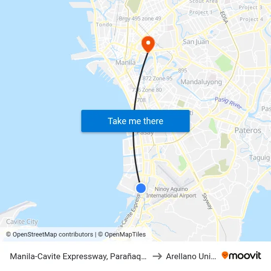 Manila-Cavite Expressway, Parañaque City, Manila to Arellano University map