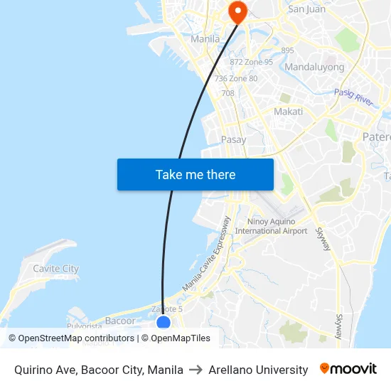 Quirino Ave, Bacoor City, Manila to Arellano University map