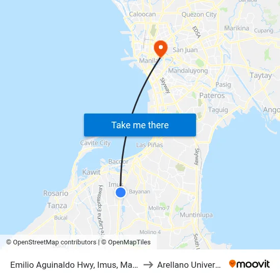 Emilio Aguinaldo Hwy, Imus, Manila to Arellano University map