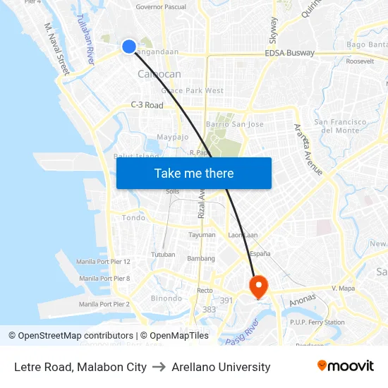 Letre Road, Malabon City to Arellano University map
