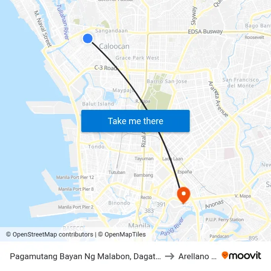 Pagamutang Bayan Ng Malabon, Dagat- Dagatan Avenue, Caloocan City to Arellano University map