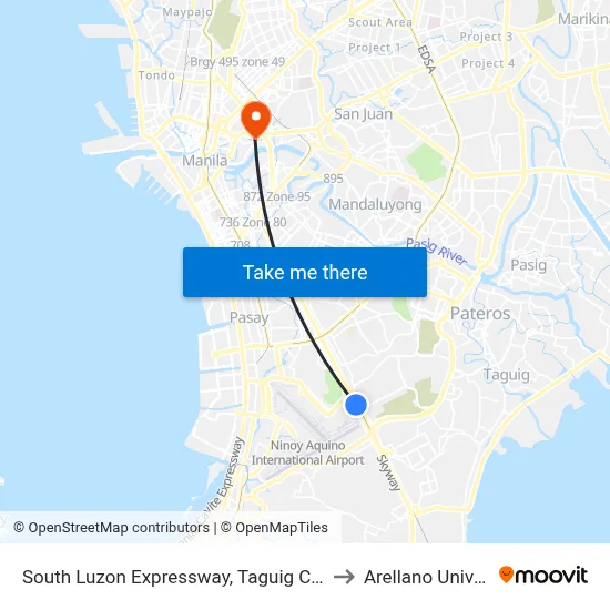 South Luzon Expressway, Taguig City, Manila to Arellano University map