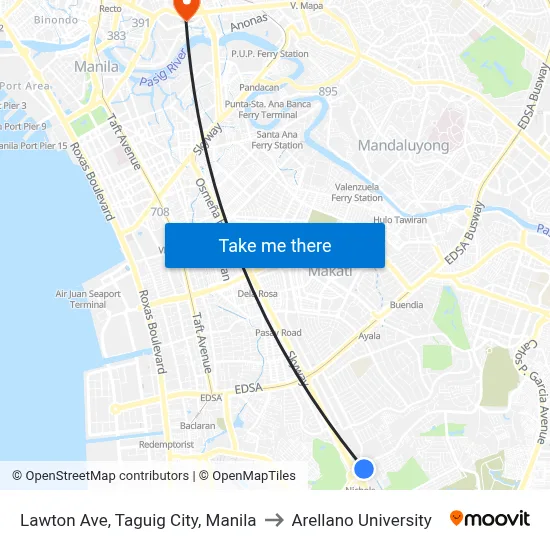 Lawton Ave, Taguig City, Manila to Arellano University map