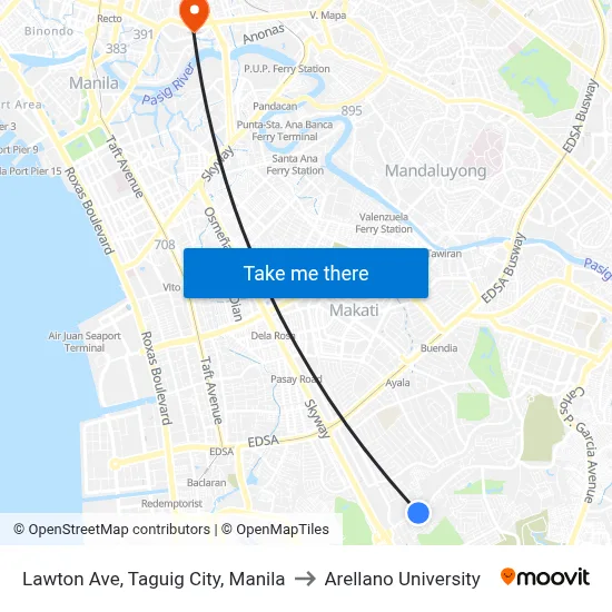 Lawton Ave, Taguig City, Manila to Arellano University map