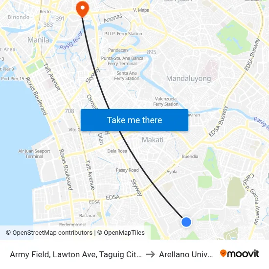 Army Field, Lawton Ave, Taguig City, Manila to Arellano University map