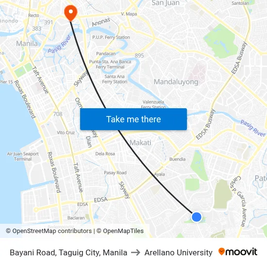 Bayani Road, Taguig City, Manila to Arellano University map
