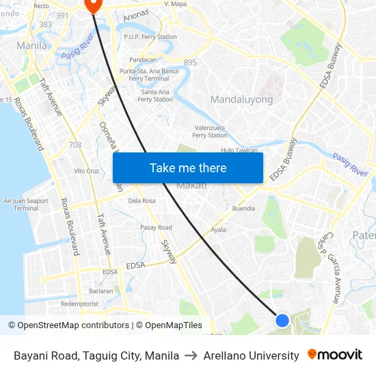 Bayani Road, Taguig City, Manila to Arellano University map