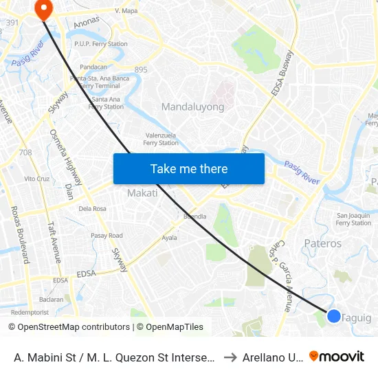 A. Mabini St / M. L. Quezon St Intersection, Taguig City, Manila to Arellano University map
