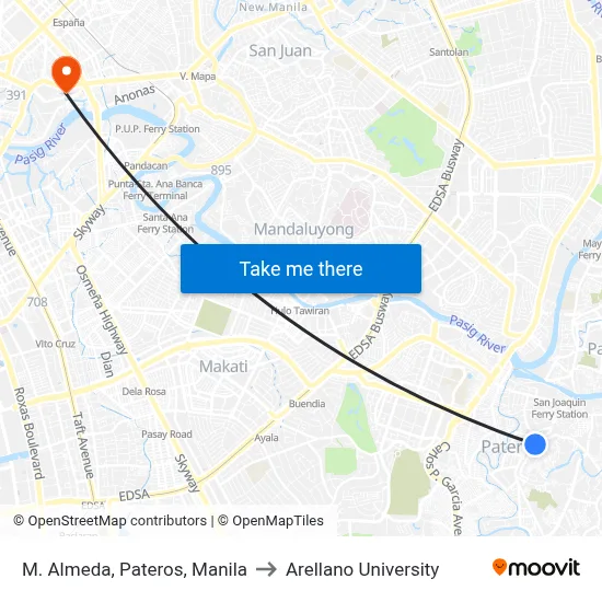 M. Almeda, Pateros, Manila to Arellano University map