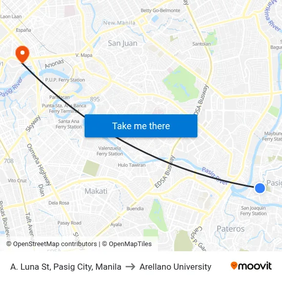 A. Luna St, Pasig City, Manila to Arellano University map