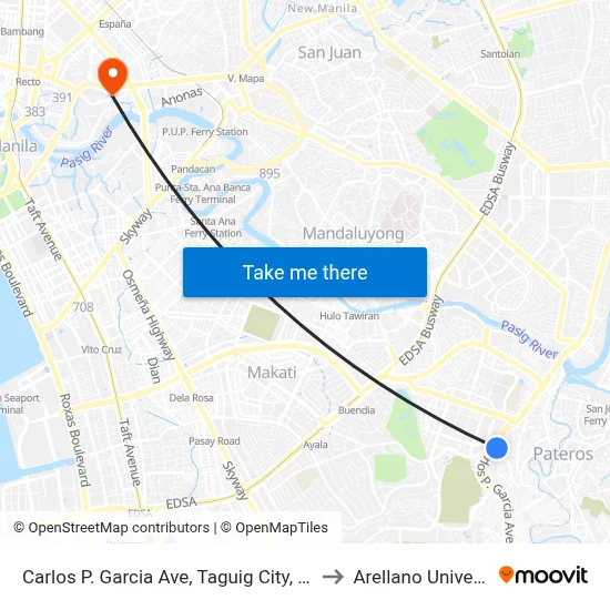 Carlos P. Garcia Ave, Taguig City, Manila to Arellano University map