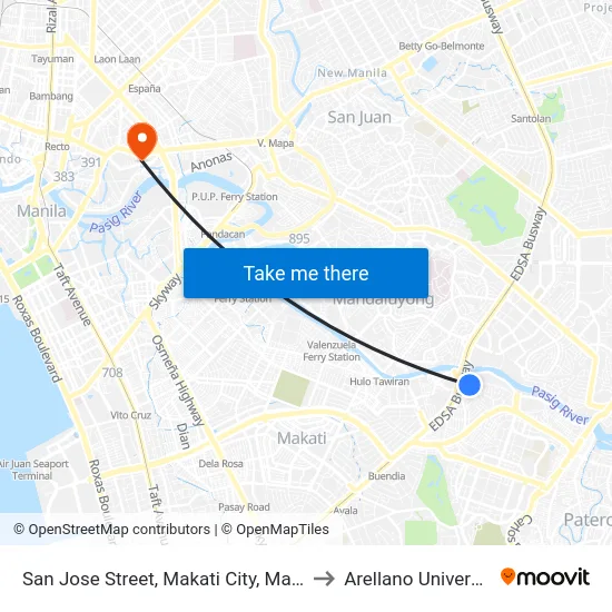 San Jose Street, Makati City, Manila to Arellano University map