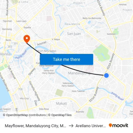 Mayflower, Mandaluyong City, Manila to Arellano University map