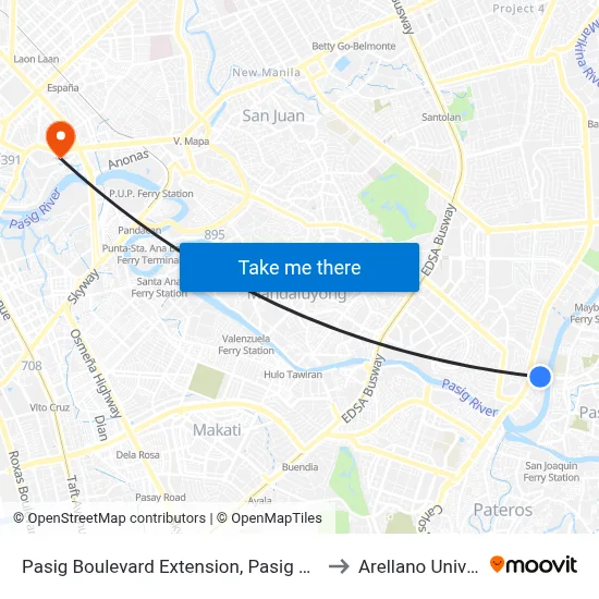 Pasig Boulevard Extension, Pasig City, Manila to Arellano University map