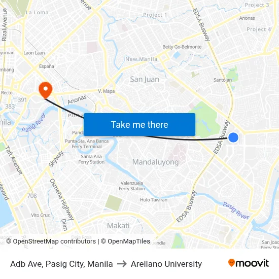 Adb Ave, Pasig City, Manila to Arellano University map