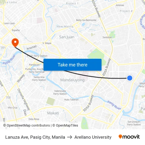 Lanuza Ave, Pasig City, Manila to Arellano University map