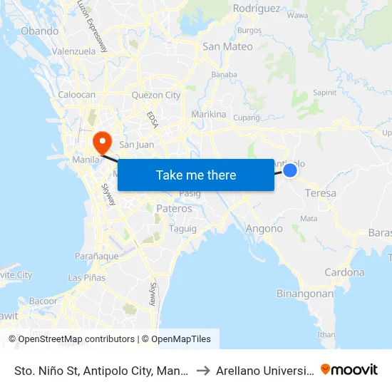 Sto. Niño St,  Antipolo City, Manila to Arellano University map