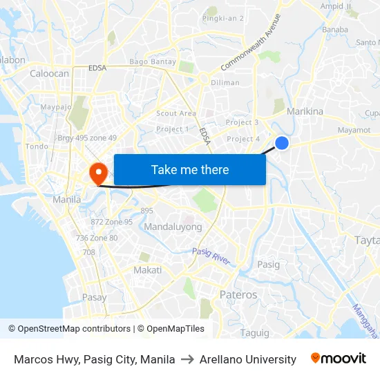 Marcos Hwy, Pasig City, Manila to Arellano University map