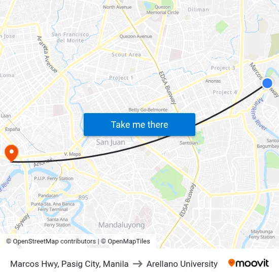 Marcos Hwy, Pasig City, Manila to Arellano University map