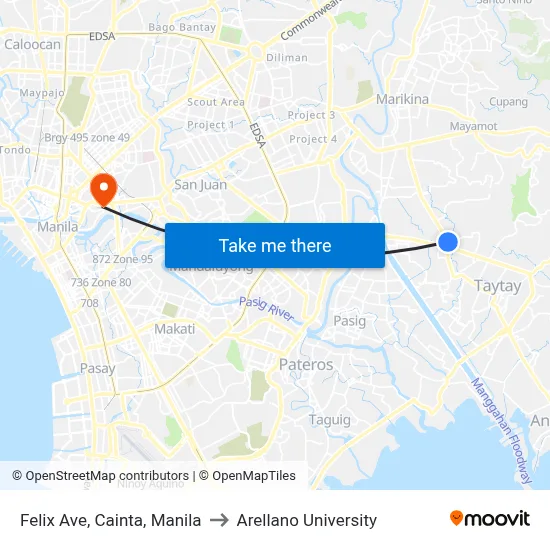 Felix Ave, Cainta, Manila to Arellano University map