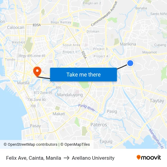 Felix Ave, Cainta, Manila to Arellano University map