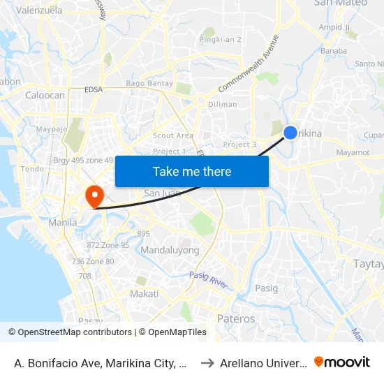 A. Bonifacio Ave, Marikina City, Manila to Arellano University map