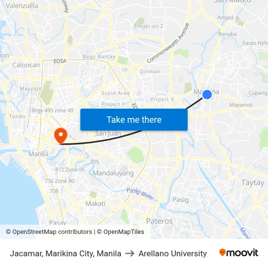 Jacamar, Marikina City, Manila to Arellano University map