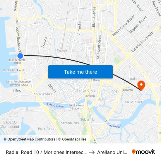 Radial Road 10 / Moriones Intersection, Manila to Arellano University map