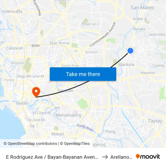 E Rodriguez Ave / Bayan-Bayanan Avenue Intersection, Marikina City, Manila to Arellano University map