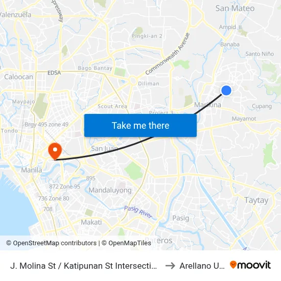 J. Molina St / Katipunan St Intersection, Marikina City, Manila to Arellano University map