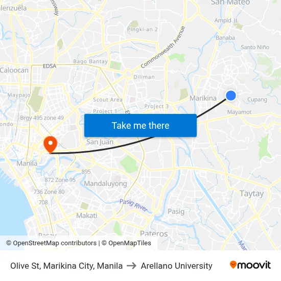 Olive St, Marikina City, Manila to Arellano University map