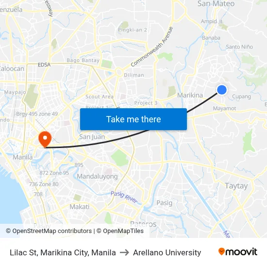 Lilac St, Marikina City, Manila to Arellano University map