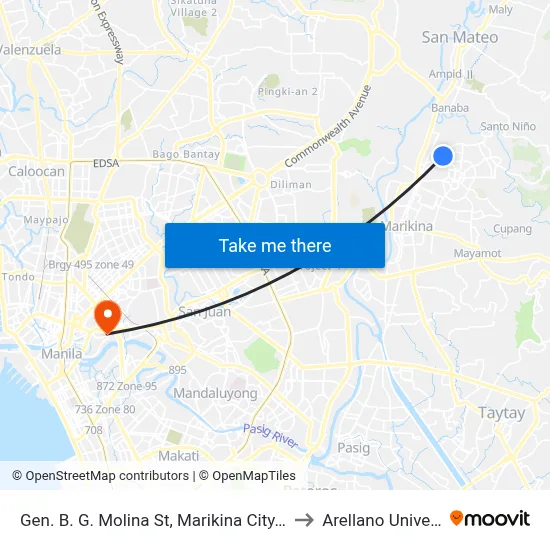 Gen. B. G. Molina St, Marikina City, Manila to Arellano University map