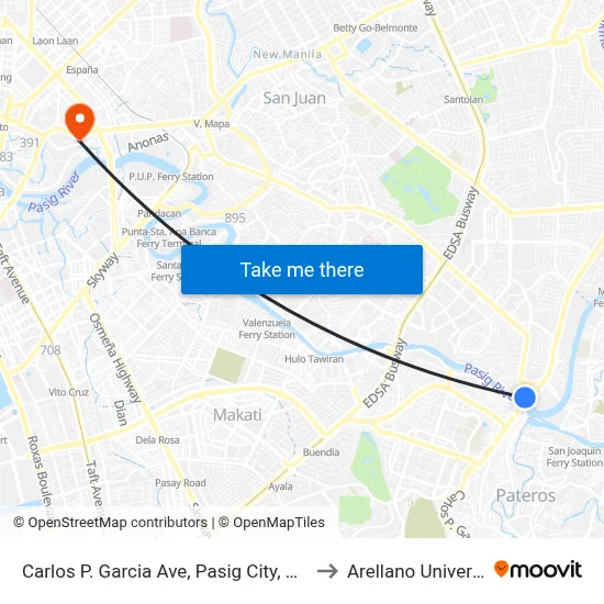 Carlos P. Garcia Ave, Pasig City, Manila to Arellano University map
