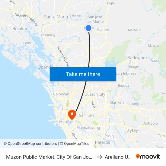 Muzon Public Market, City Of San Jose Del Monte, Manila to Arellano University map