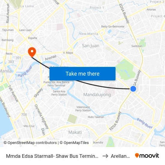 Mmda Edsa Starmall- Shaw Bus Terminal Southbound, Mandaluyong City, Manila to Arellano University map