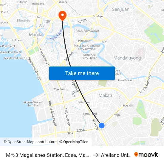Mrt-3 Magallanes Station, Edsa, Makati City, Manila to Arellano University map