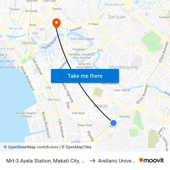 Mrt-3 Ayala Station, Makati City, Manila to Arellano University map