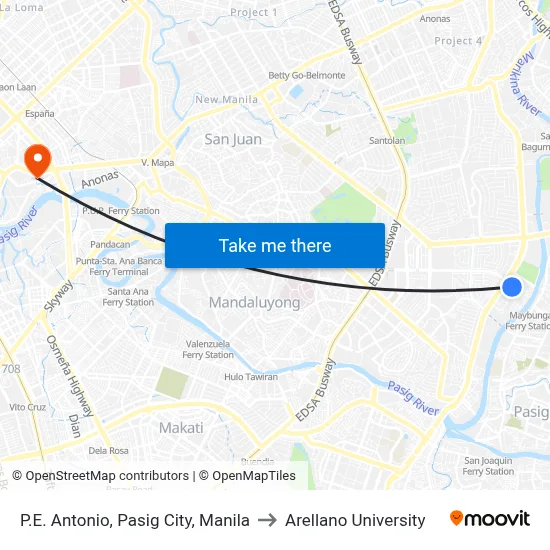 P.E. Antonio, Pasig City, Manila to Arellano University map