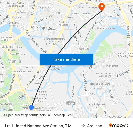 Lrt-1 United Nations Ave Station, T.M. Kalaw / General Luna St, Manila to Arellano University map