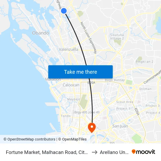 Fortune Market, Malhacan Road, City Of Meycauayan to Arellano University map