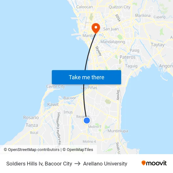 Soldiers Hills Iv, Bacoor City to Arellano University map