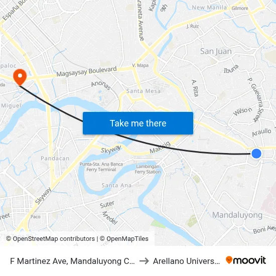 F Martinez Ave, Mandaluyong City to Arellano University map