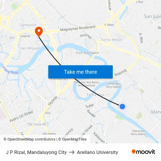 J P Rizal, Mandaluyong City to Arellano University map