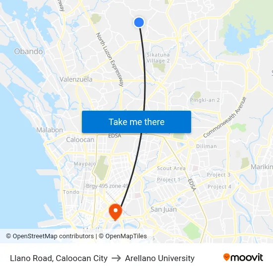Llano Road, Caloocan City to Arellano University map