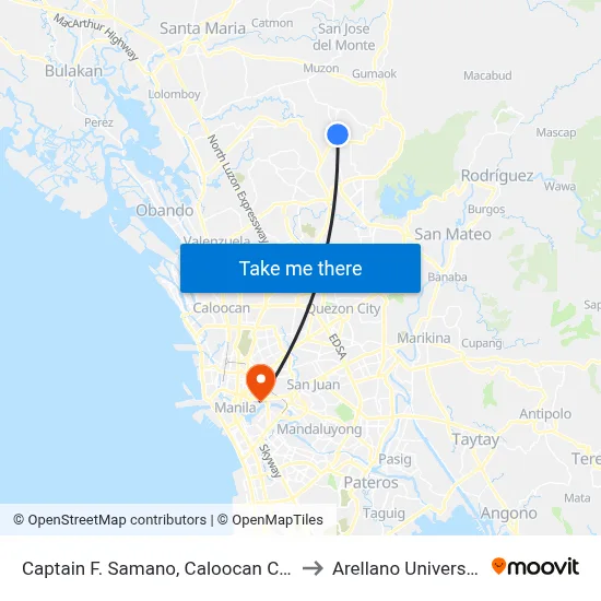 Captain F. Samano, Caloocan City to Arellano University map