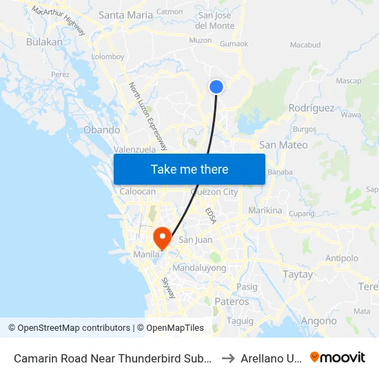 Camarin Road Near Thunderbird Subdivision, Caloocan City to Arellano University map