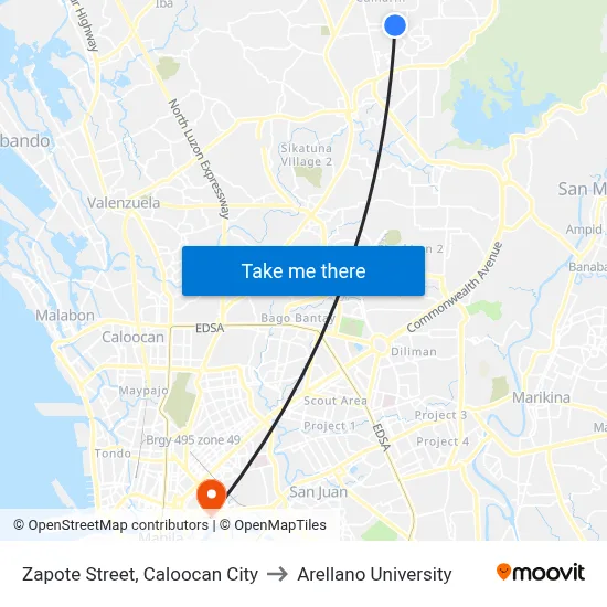 Zapote Street, Caloocan City to Arellano University map